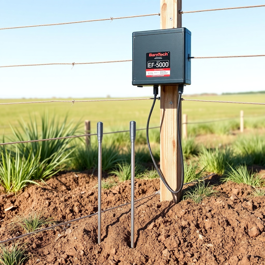 <clean photorealistic photo/illustration of a BarnTech EF-5000 unit mounted near a fence l