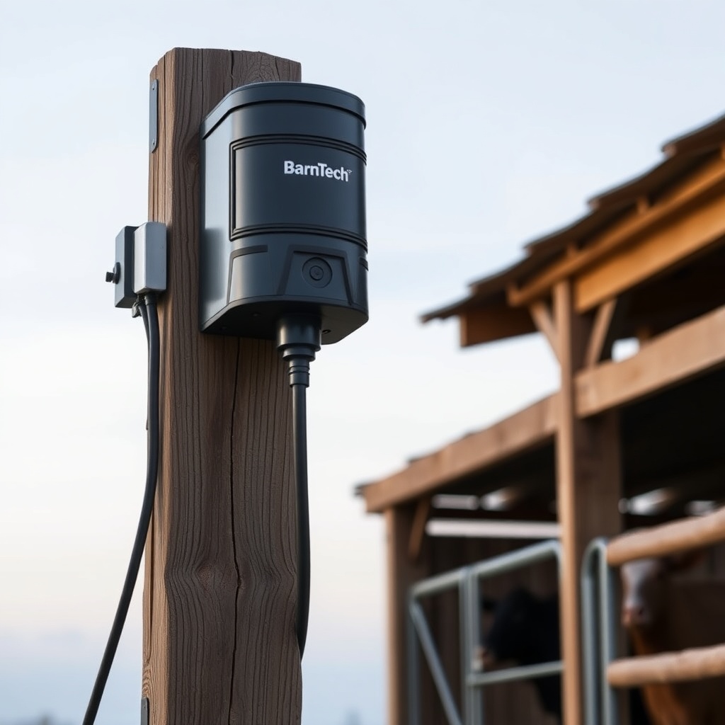 <clean photorealistic photo of the BarnTech EF-5000 mounted on a wooden post near a livest