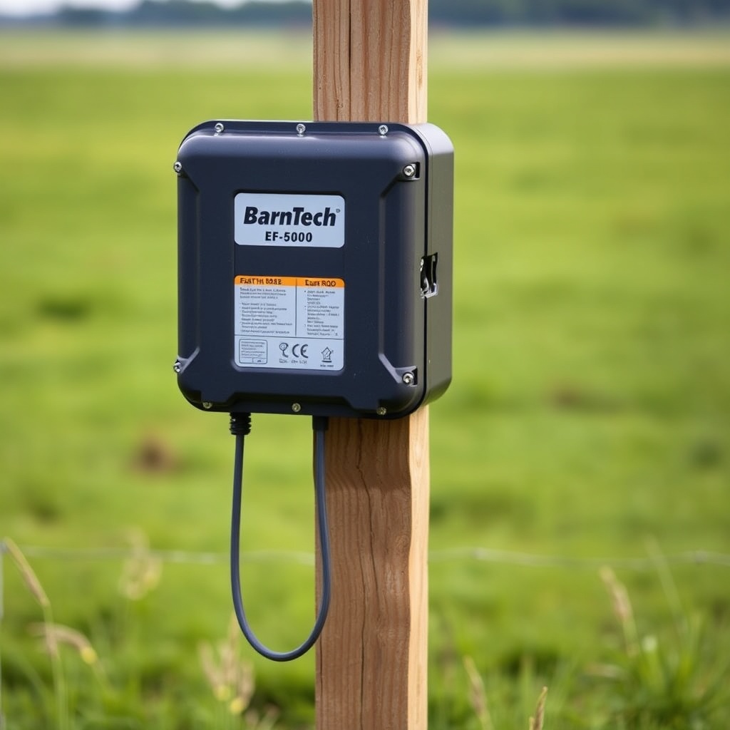 <clean photorealistic photo of a BarnTech EF-5000 unit mounted on a wooden post in a pastu