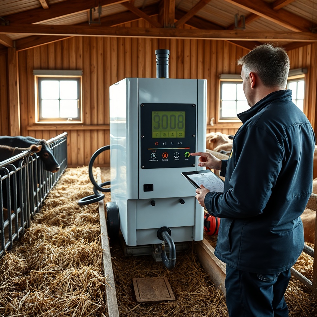 A clean photorealistic photo showing the Brisket Boss 5000 installed in a modern UK barn w