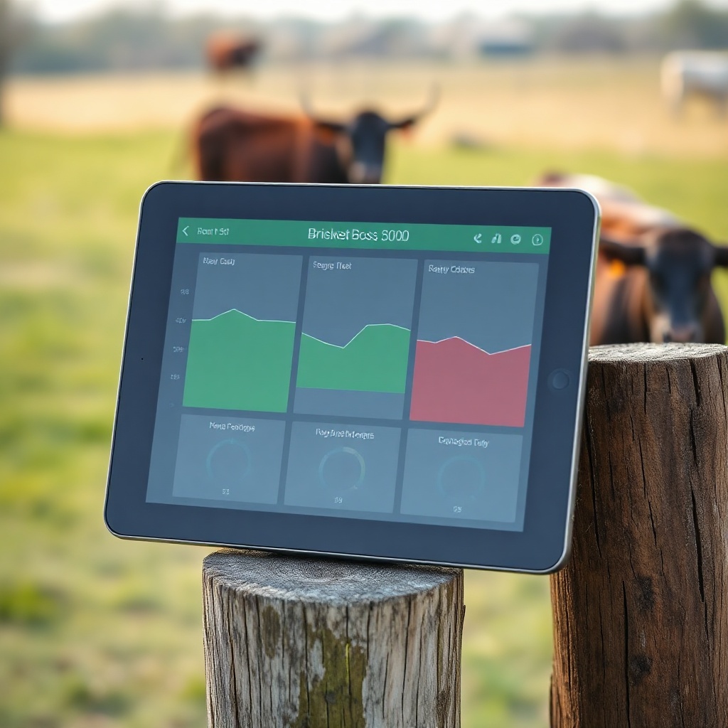 <clean photorealistic photo of a digital tablet displaying the Brisket Boss 5000 dashboard