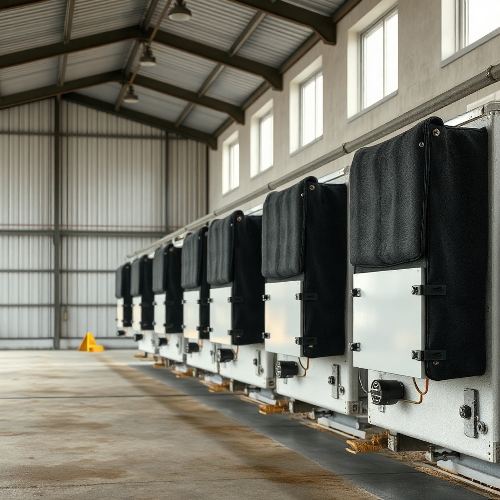 A clean photorealistic barn interior showing a row of Brisket Boss 5000 units with newly i