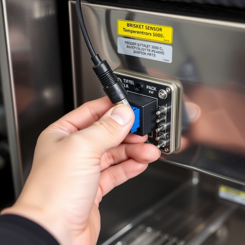 Close-up of a technician's hand reattaching the small black temperature sensor cable plug