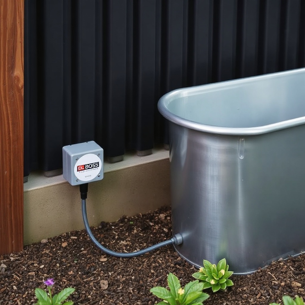 Photo showing Brisket Boss 5000 installed next to a galvanised water trough with the senso