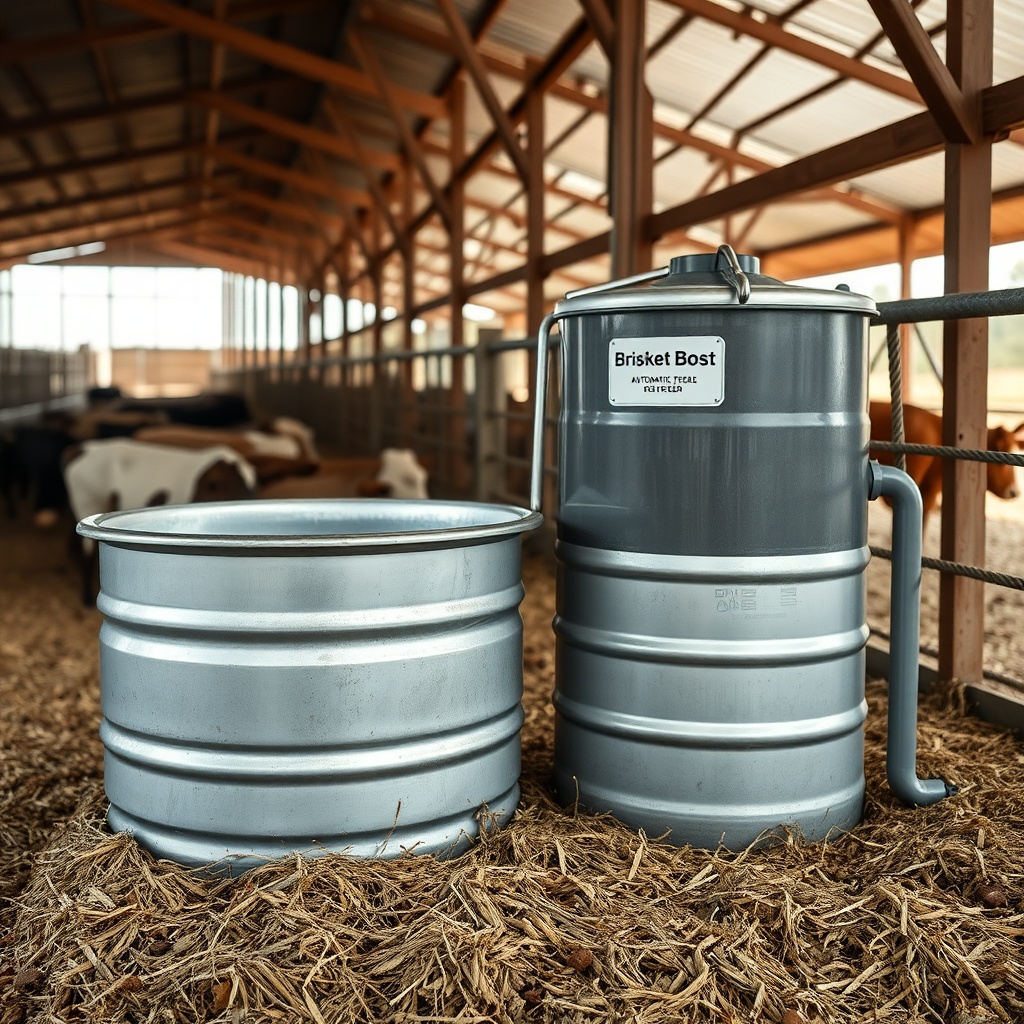 A photorealistic wide shot of a galvanized steel water trough positioned next to a Brisket