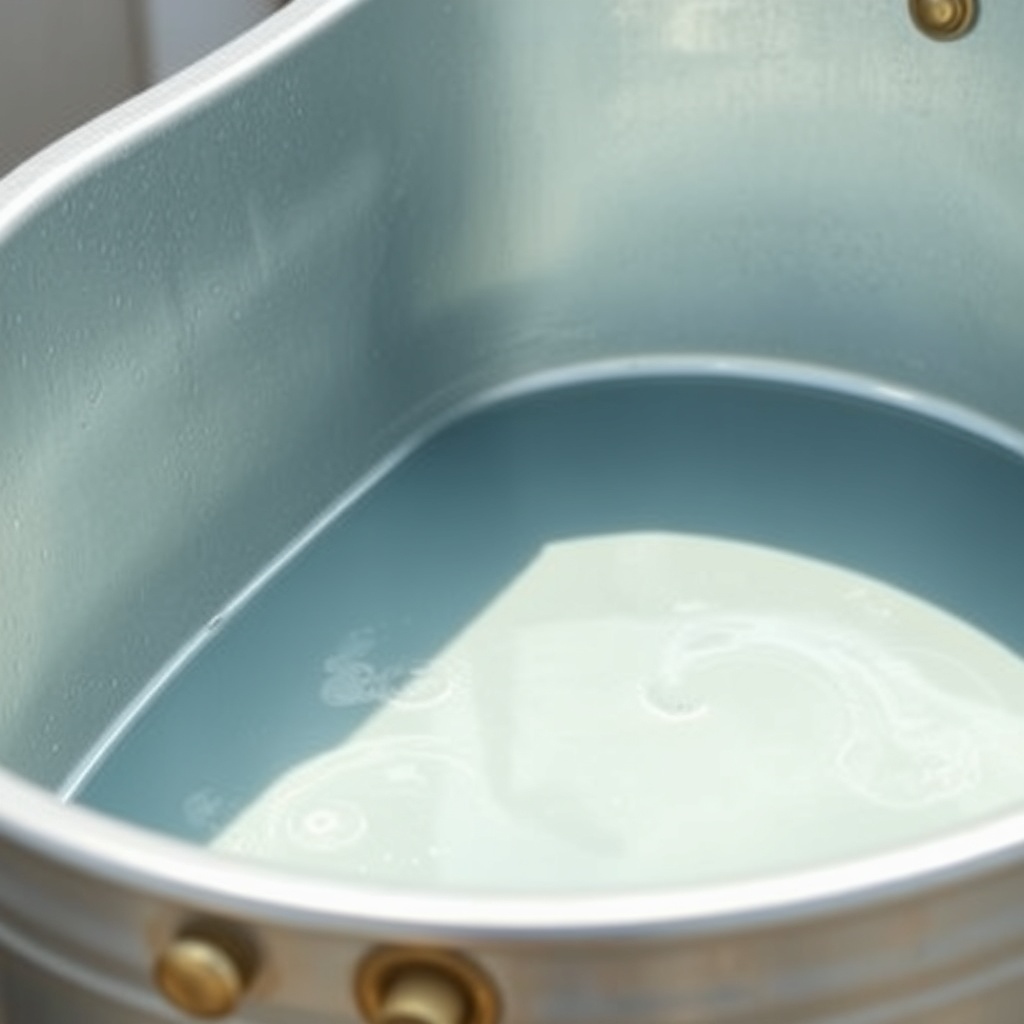 A photorealistic close-up of a galvanized steel trough showing a clean water surface