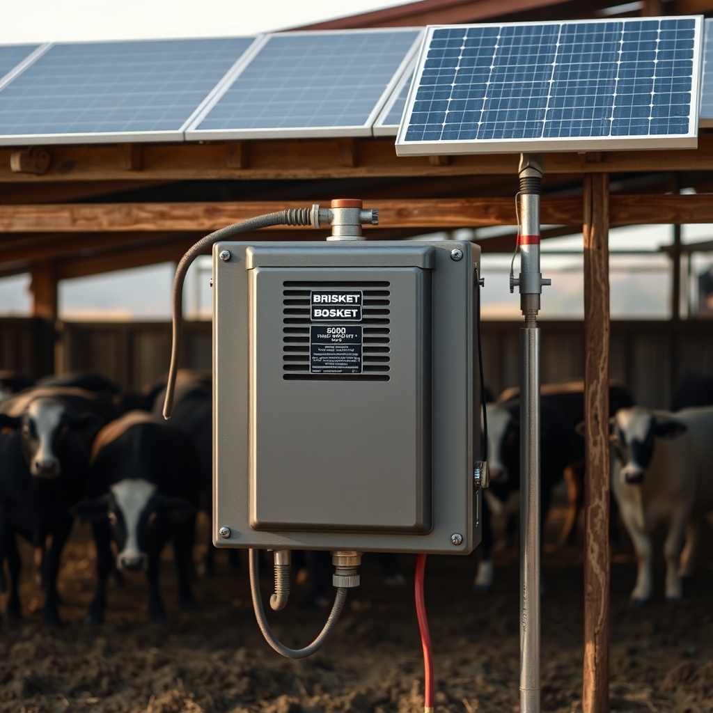 A clean photorealistic photo of a Brisket Boss 5000 unit mounted in a barn