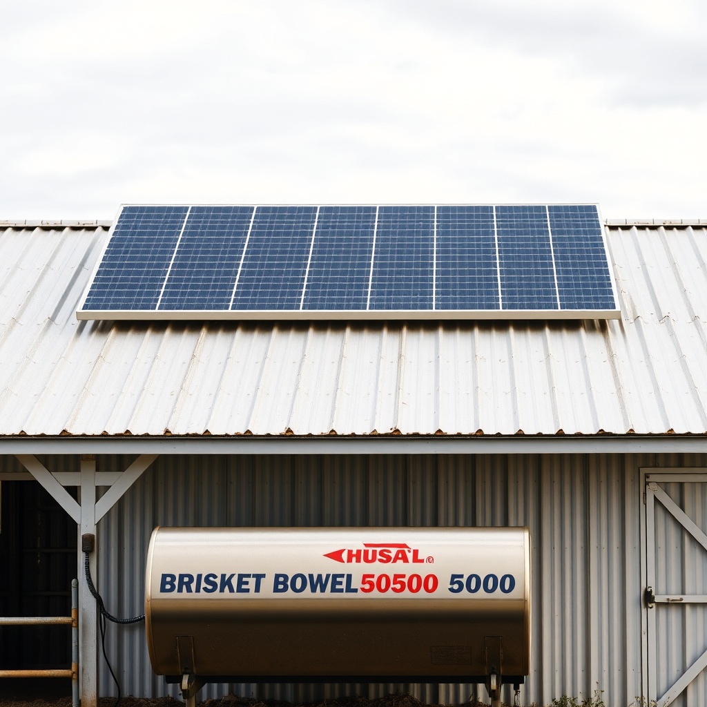 A clean photorealistic photo of a solar panel installation on the roof of a livestock barn