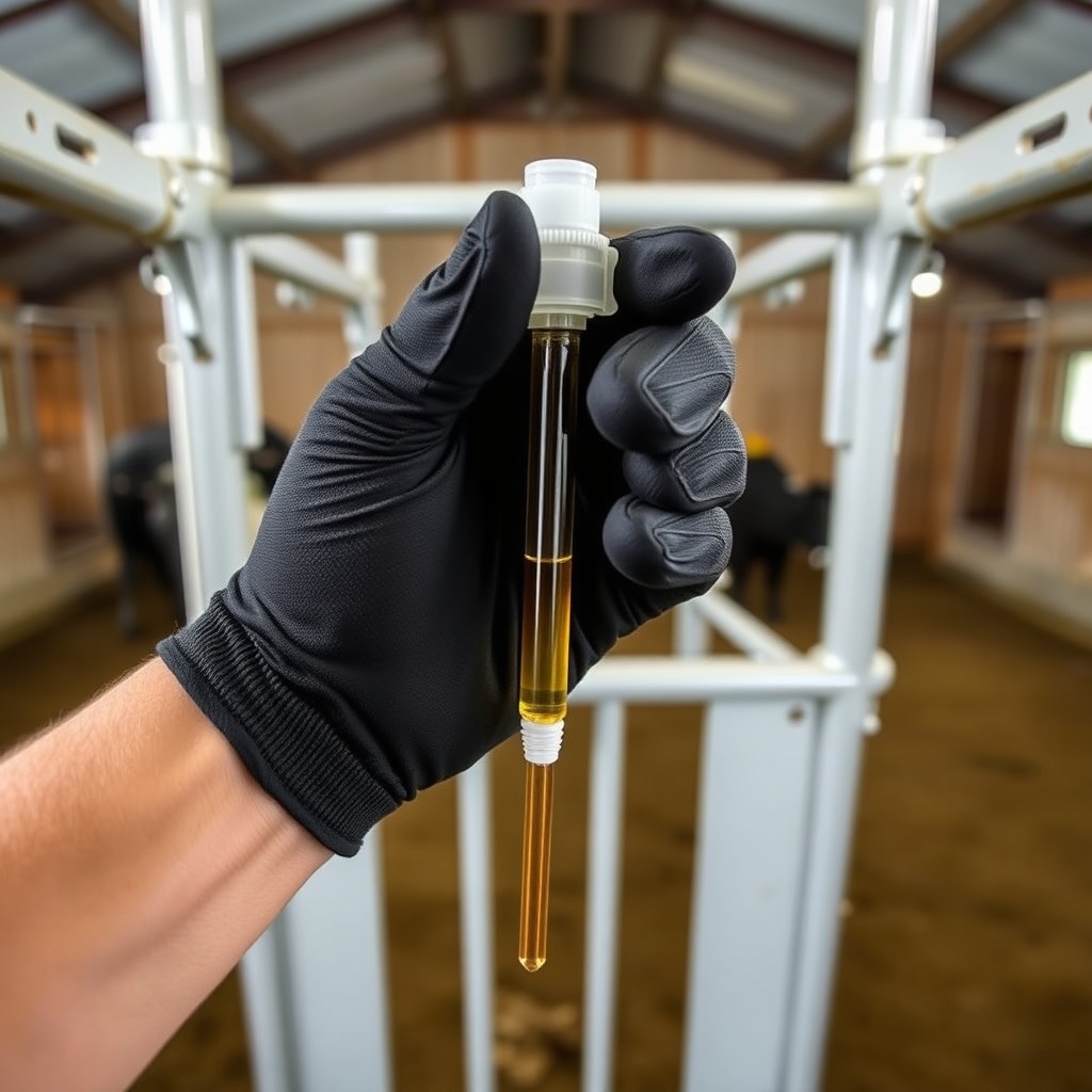 A close-up photorealistic photo of a gloved hand holding a hydraulic dipstick from the Cat