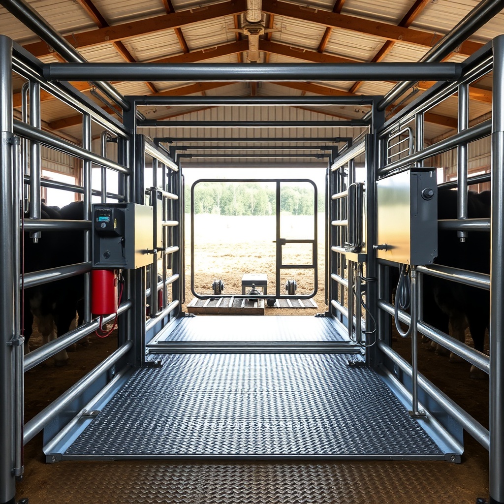A clean photorealistic photo of a CattleMaster X3 squeeze chute from a rear three-quarter