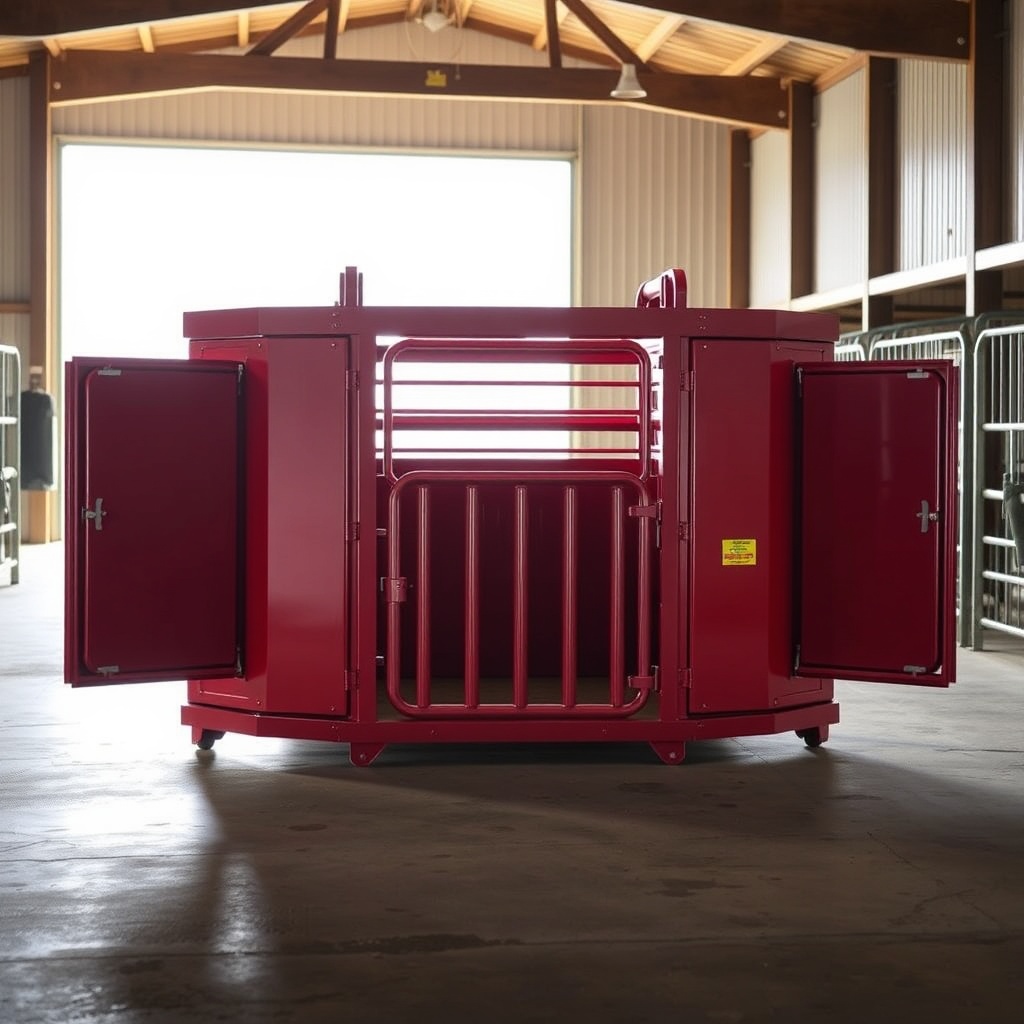 A photorealistic photo of a red CattleMaster X3 chute in a sunlit barn