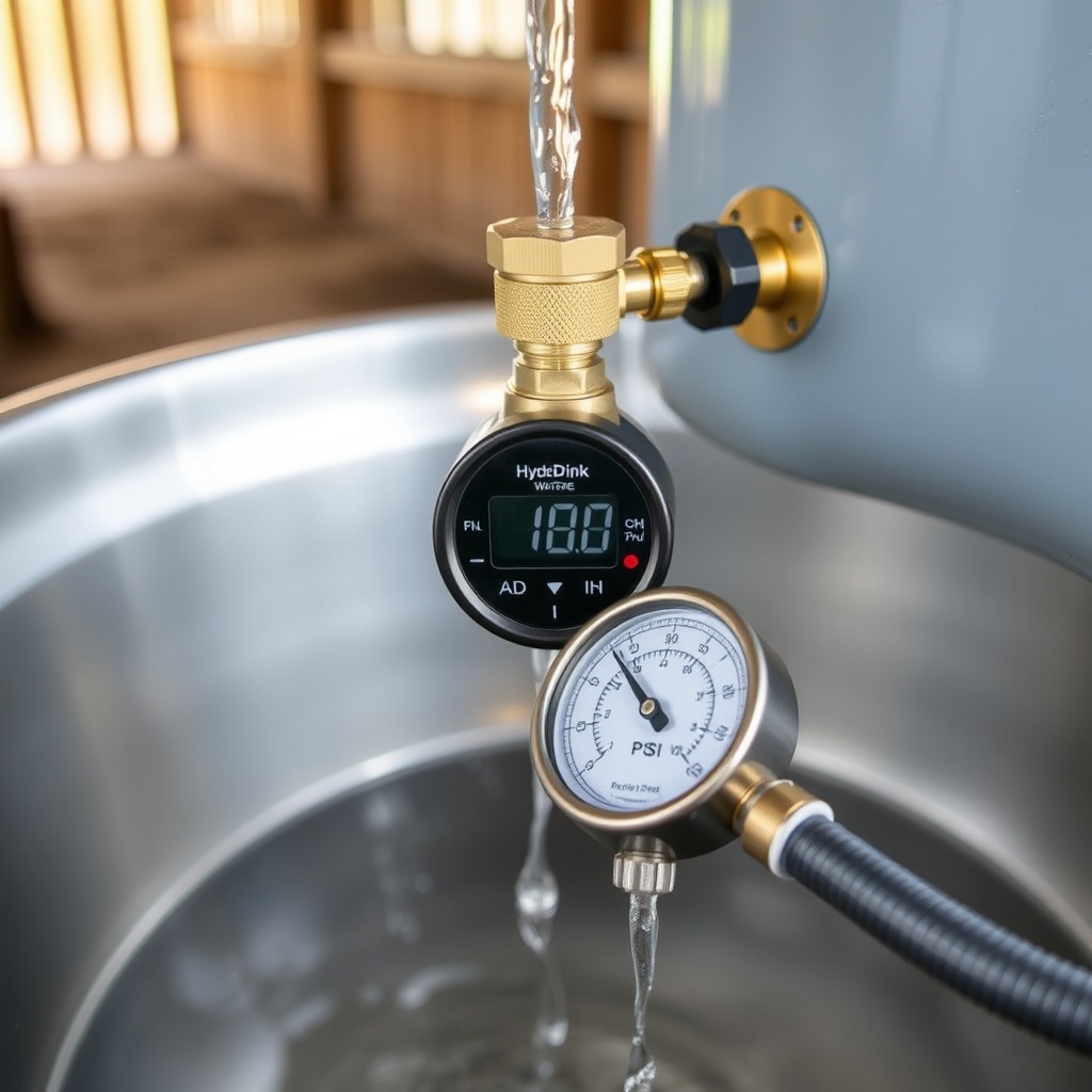 A photorealistic close-up shot of water flowing from a brass float valve into the stainles