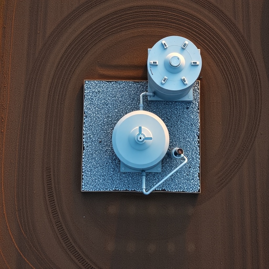 A photorealistic overhead drone shot of a gray HydraDrink Pro waterer installed 25 feet aw
