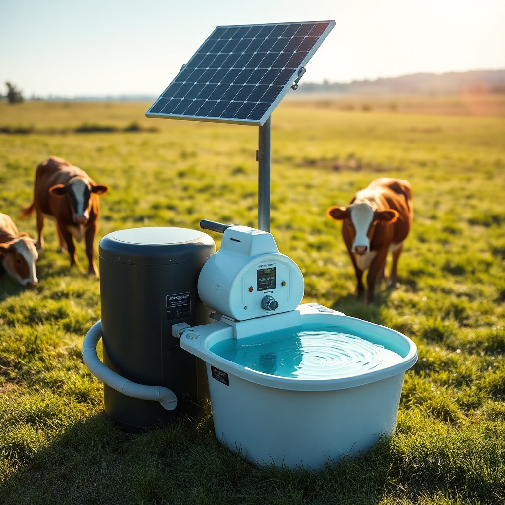 Photorealistic wide shot of a HydraDrink Pro stationed in a green meadow