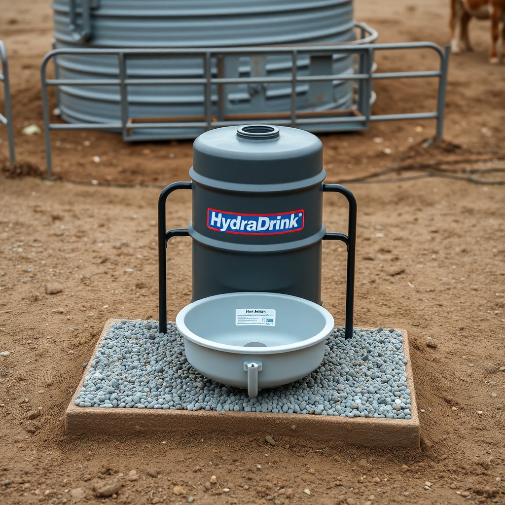 A clean photorealistic photo showing a HydraDrink Pro waterer sitting on a slightly elevat