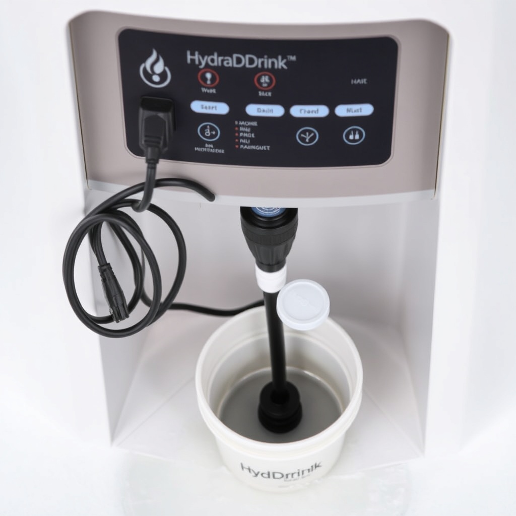 A close-up photograph of the HydraDrink Pro's control panel with the power cord unplugged