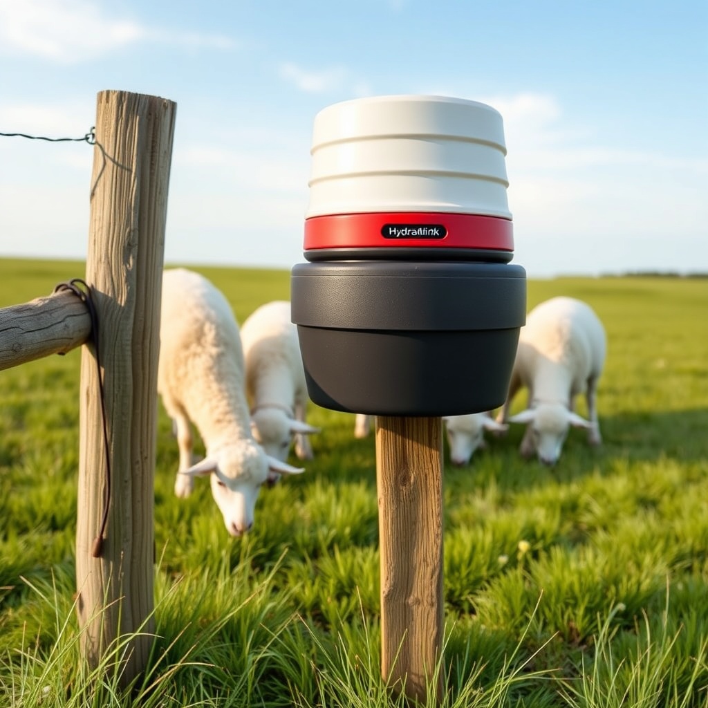 A photorealistic front-angle shot of the HydraDrink Pro mounted on a wooden fence post in